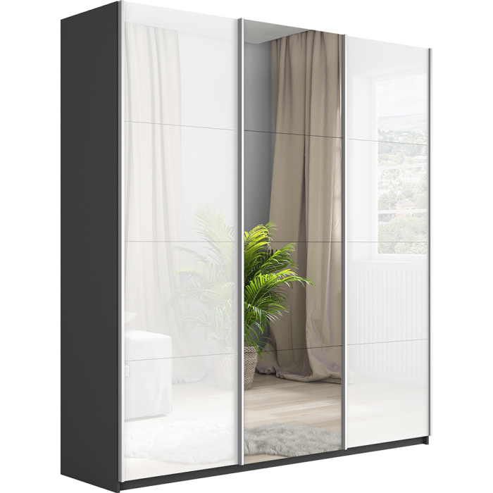 Шкафы-купе 3-х дверные, Шкаф-купе Прайм 3-х дверный Стекла белые/Зеркало/Доводчики 210х57х230