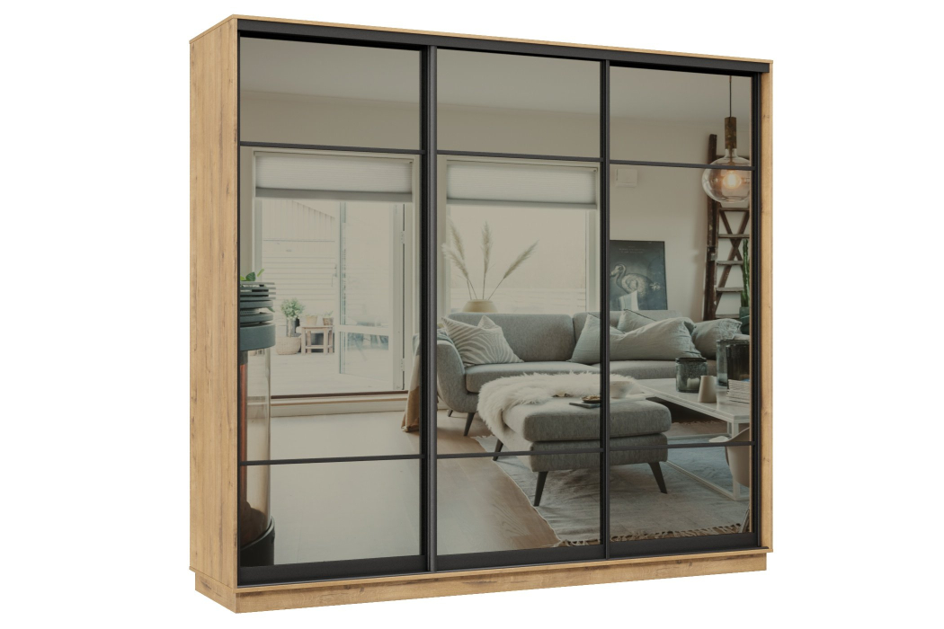 Шкафы-купе 3-х дверные, Шкаф-купе Премьер 34 (11ЗГ;11ЗГ;11ЗГ) фасады зеркало графит/трёхдверный/Профиль чёрный муар