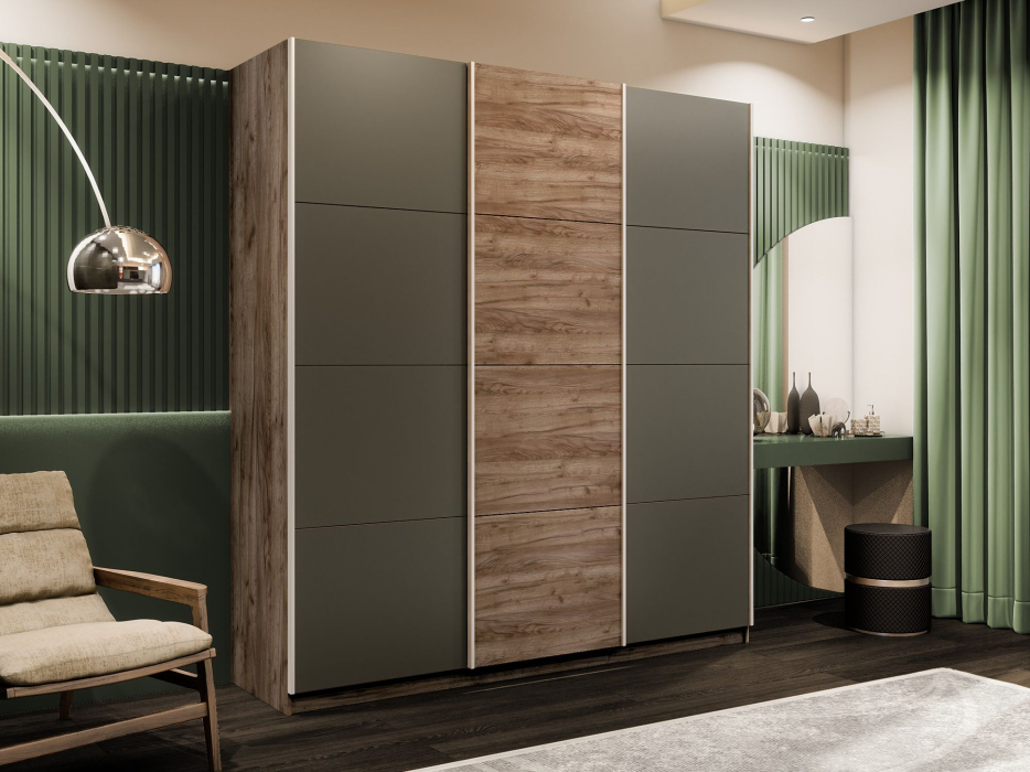 Шкафы-купе 3-х дверные, Шкаф-купе Прайм 3-х дверный Стекла хаки/ДСП/Доводчики 180х57х230