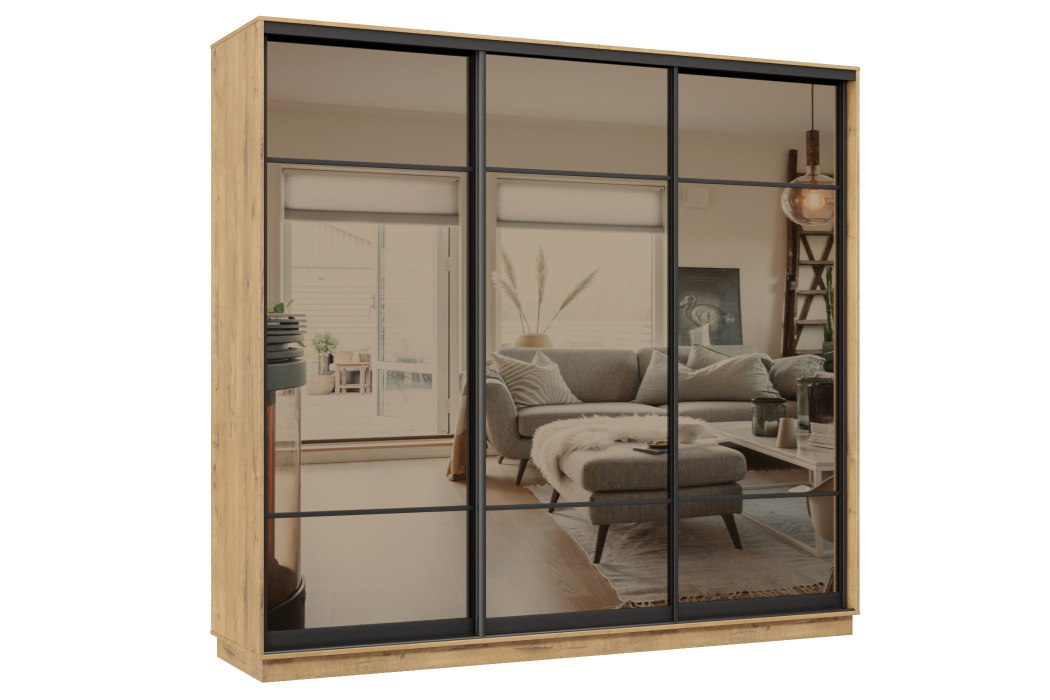 Шкафы-купе 3-х дверные, Шкаф-купе Премьер 59 (11ЗБ;11ЗБ;11ЗБ) фасады зеркало бронза/трёхдверный/Профиль чёрный муар