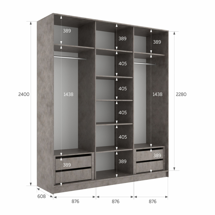 Шкафы-купе 3-х дверные, Шкаф-купе Эста 3-х дверный ДСП/Стекла пудра/Доводчик 270х66х240
