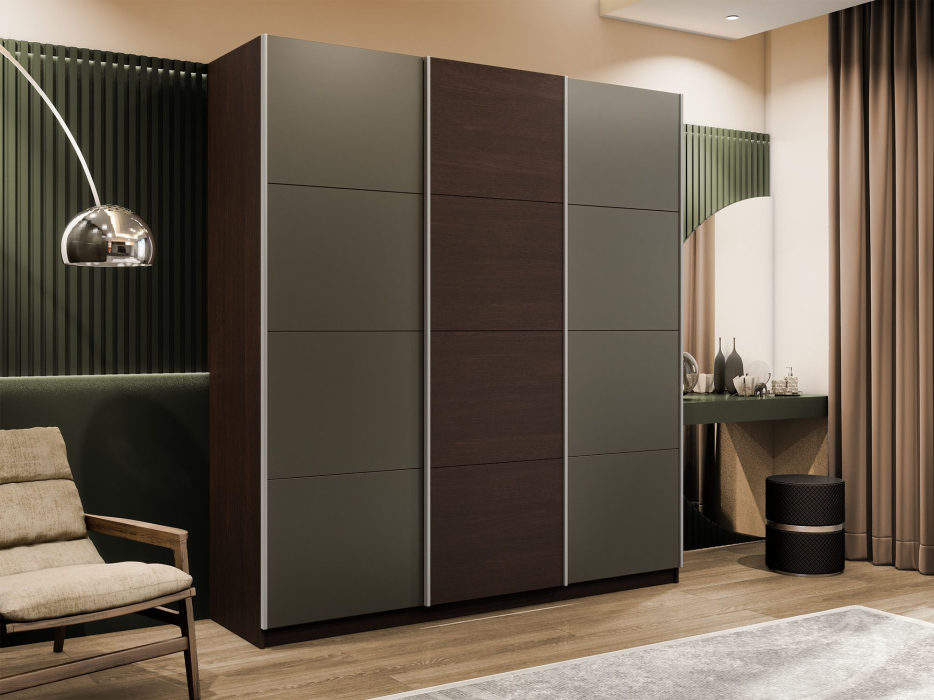 Шкафы-купе 3-х дверные, Шкаф-купе Прайм 3-х дверный Стекла хаки/ДСП/Доводчики 180х57х230