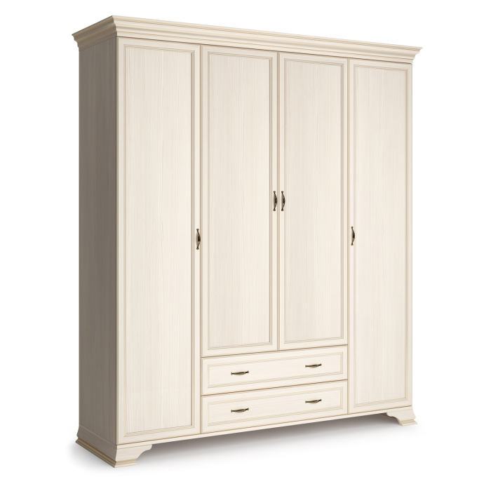 Для одежды, Шкаф четырехдверный Сиена, с глухими фасадами, бодега белый, патина золото