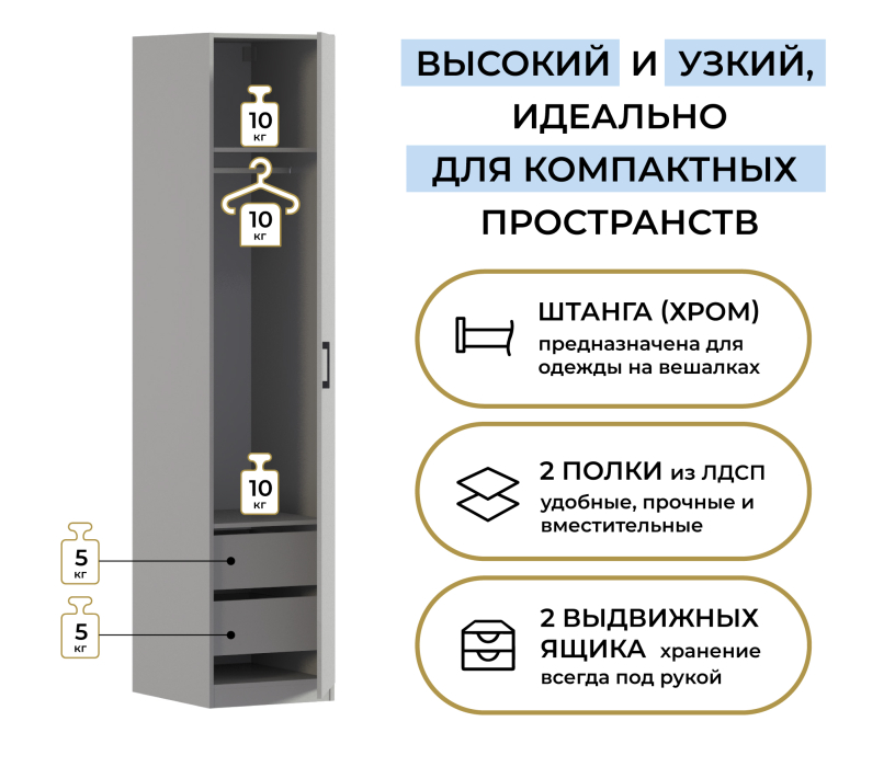 Для одежды, Шкаф однодверный Макс 500 мм, вариант №3 (ЛДСП)
