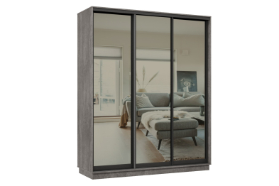 Шкаф-купе Премьер 23 (01ЗГ;01ЗГ;01ЗГ) фасады зеркало графит/трёхдверный/Профиль чёрный муар