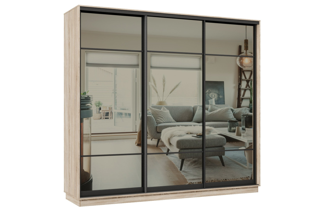 Шкафы-купе 3-х дверные, Шкаф-купе Премьер 36 (11ЗГ;11ЗГ;11ЗГ) фасады зеркало графит/трёхдверный/Профиль чёрный муар