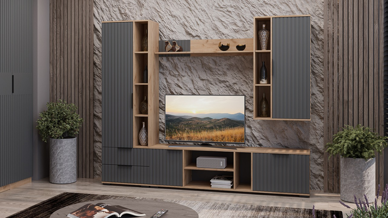 ТВ-тумбы, Тумба под ТВ Хилтон, дуб крафт золотой, графит матовый