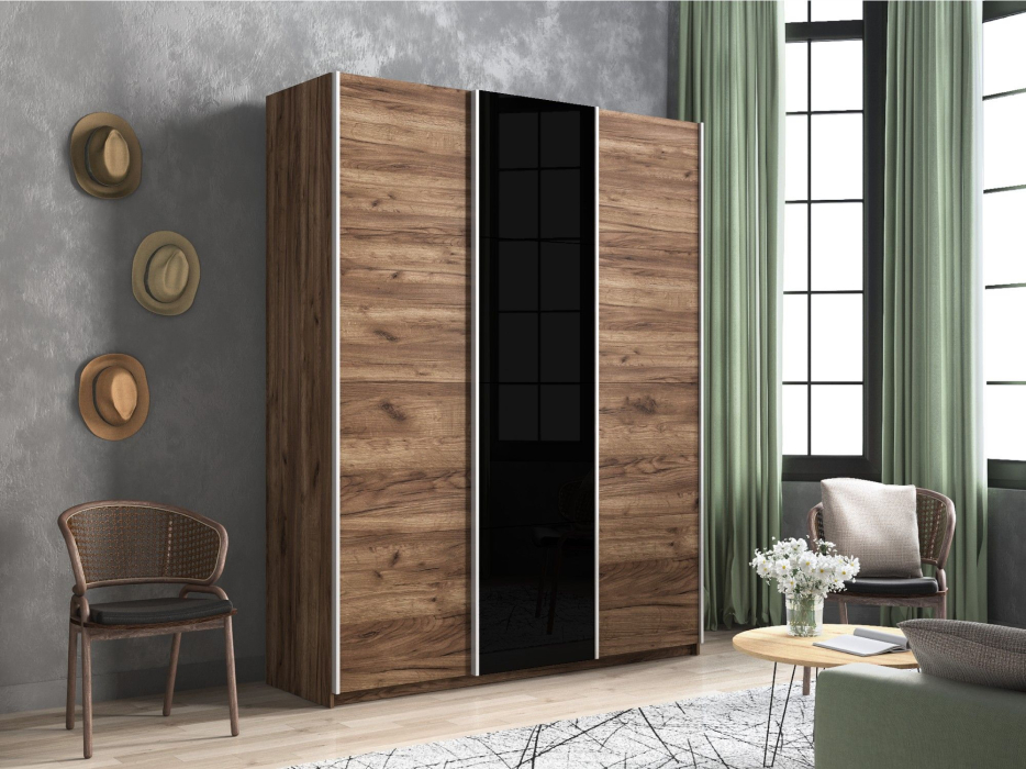 Шкафы-купе 3-х дверные, Шкаф-купе Прайм 3-х дверный ДСП/Стекло черное/Доводчики 210х57х230