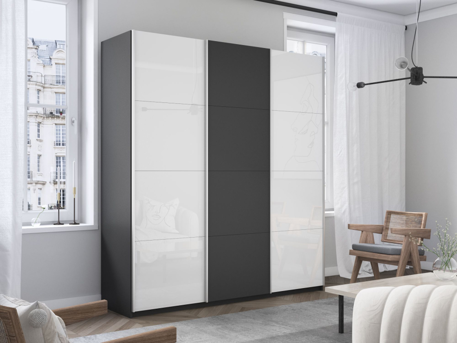 Шкафы-купе 3-х дверные, Шкаф-купе Прайм 3-х дверный Стекла белые/ДСП/Доводчики 210х57х230