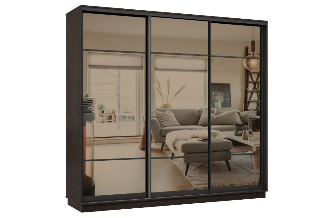 Шкафы-купе 3-х дверные, Шкаф-купе Премьер 58 (11ЗБ;11ЗБ;11ЗБ) фасады зеркало бронза/трёхдверный/Профиль чёрный муар