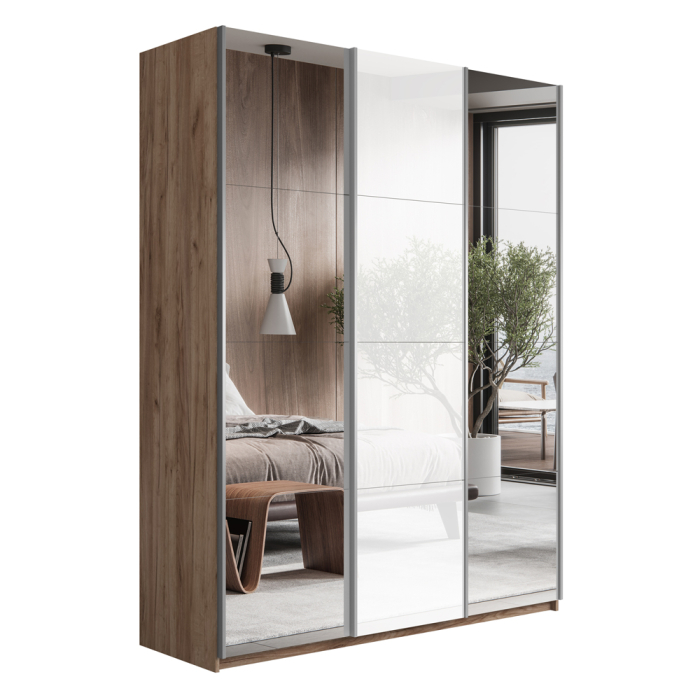 Шкафы-купе 3-х дверные, Шкаф-купе Прайм 3-х дверный Зеркала/Стекло белое/Доводчики 210х57х230