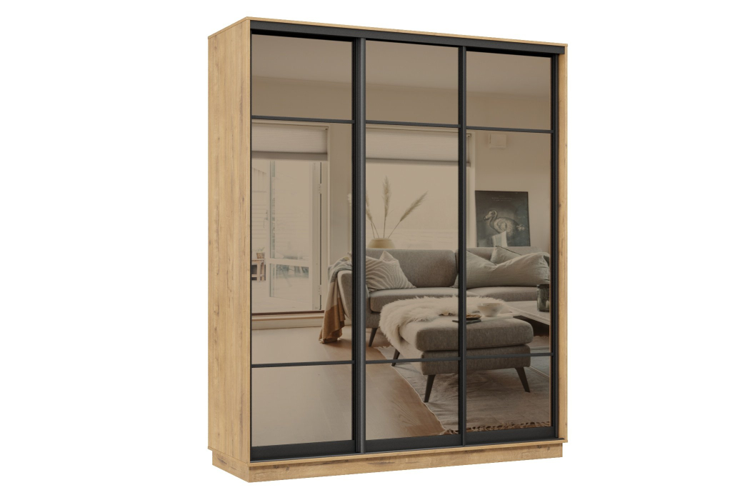 Шкафы-купе 3-х дверные, Шкаф-купе Премьер 24 (11ЗБ;11ЗБ;11ЗБ) фасады зеркало бронза/трёхдверный/Профиль чёрный муар