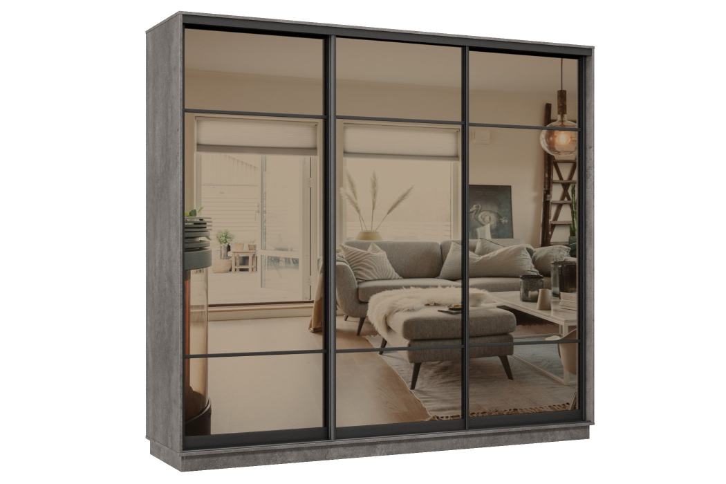 Шкафы-купе 3-х дверные, Шкаф-купе Премьер 59 (11ЗБ;11ЗБ;11ЗБ) фасады зеркало бронза/трёхдверный/Профиль чёрный муар