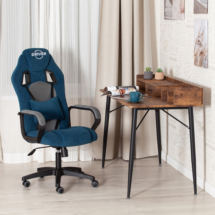 Для офиса и дома, Кресло DRIVER (22) флок/ткань, синий/серый