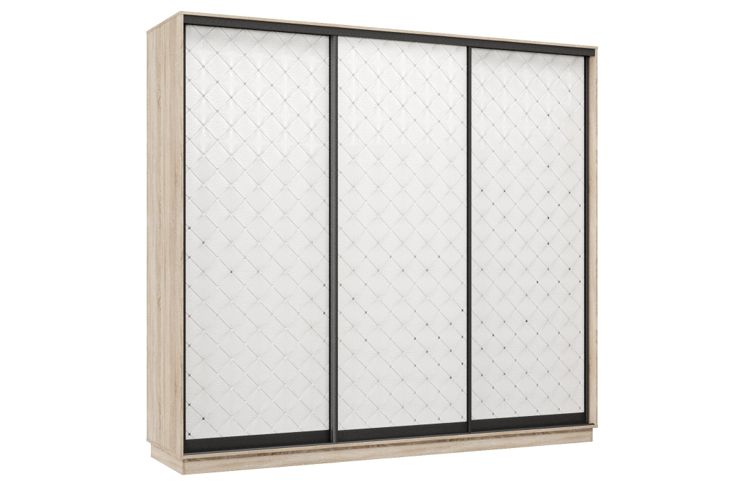 Шкафы-купе 3-х дверные, Шкаф-купе Премьер 34 (01РБ;01РБ;01РБ) фасады ромб белый/трёхдверный/Профиль чёрный муар