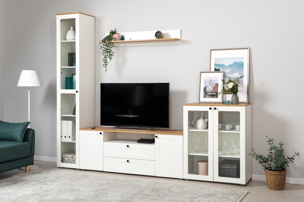 Настенные полки, Полка Остин 16.484, белая шагрень, дуб золотой крафт