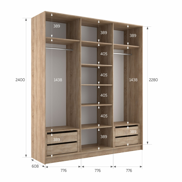 Шкафы-купе 3-х дверные, Шкаф-купе Эста 3-х дверный ДСП/Стекла пудра/Доводчик 240х66х240