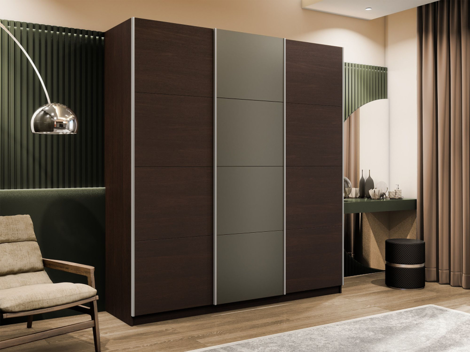 Шкафы-купе 3-х дверные, Шкаф-купе Прайм 3-х дверный Стекла хаки/ДСП/Доводчики 180х57х230