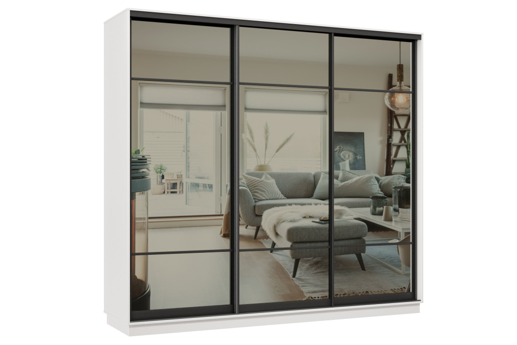 Шкафы-купе 3-х дверные, Шкаф-купе Премьер 60 (11ЗГ;11ЗГ;11ЗГ) фасады зеркало графит/трёхдверный/Профиль чёрный муар