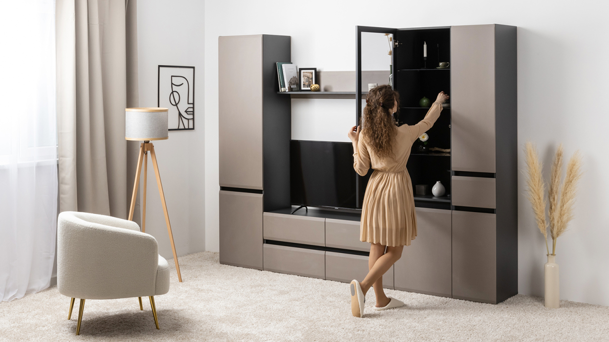 Шкафы распашные, Шкаф Сидней 13.200, антрацит, веллюто капучино