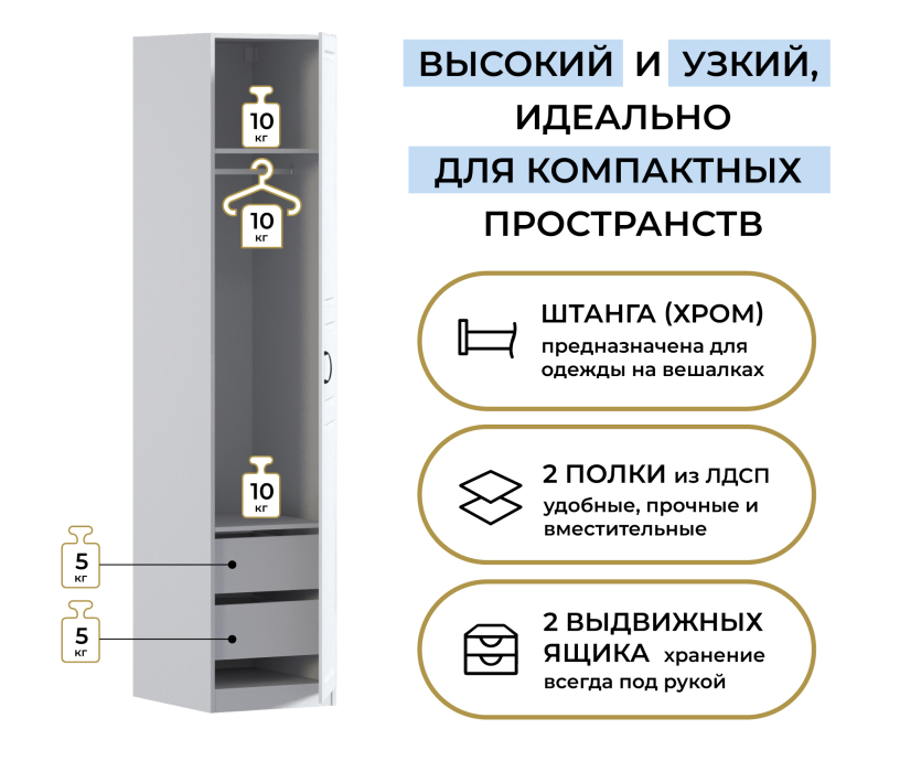 Для одежды, Шкаф однодверный Макс 500 мм, вариант №3 (ЛДСП/МДФ)