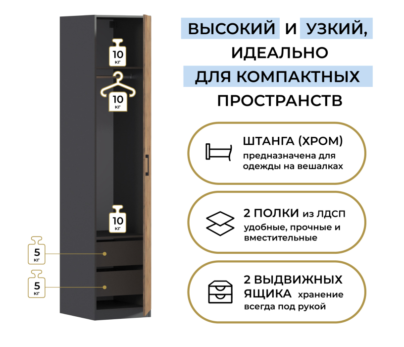 Для одежды, Шкаф однодверный Макс 500 мм, вариант №3 (ЛДСП)
