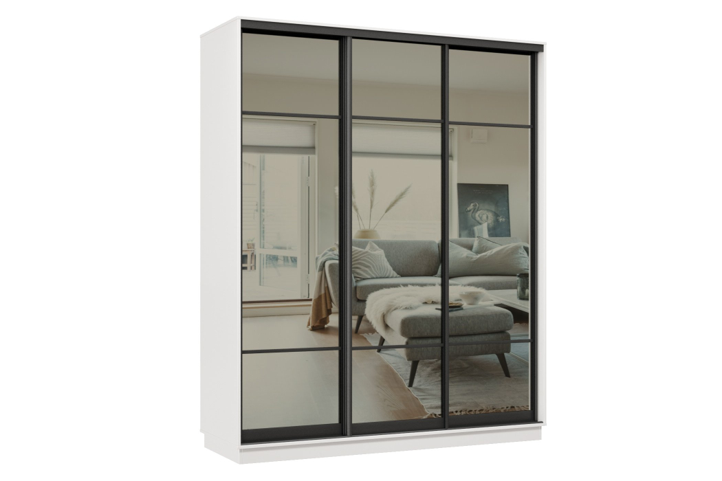 Шкафы-купе 3-х дверные, Шкаф-купе Премьер 23 (11ЗГ;11ЗГ;11ЗГ) фасады зеркало графит/трёхдверный/Профиль чёрный муар