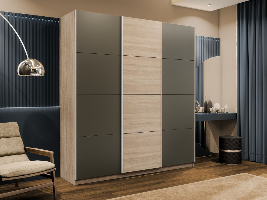 Шкафы-купе 3-х дверные, Шкаф-купе Прайм 3-х дверный Стекла хаки/ДСП/Доводчики 180х57х230