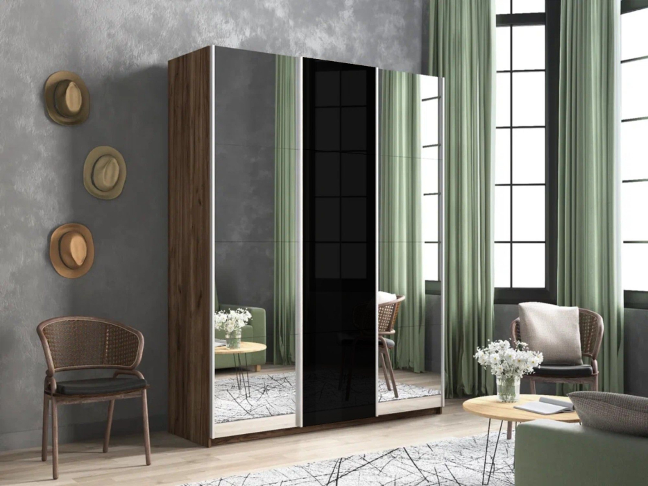 Шкафы-купе 3-х дверные, Шкаф-купе Прайм 3-х дверный Зеркала/Стекло черное/Доводчики 180х57х230