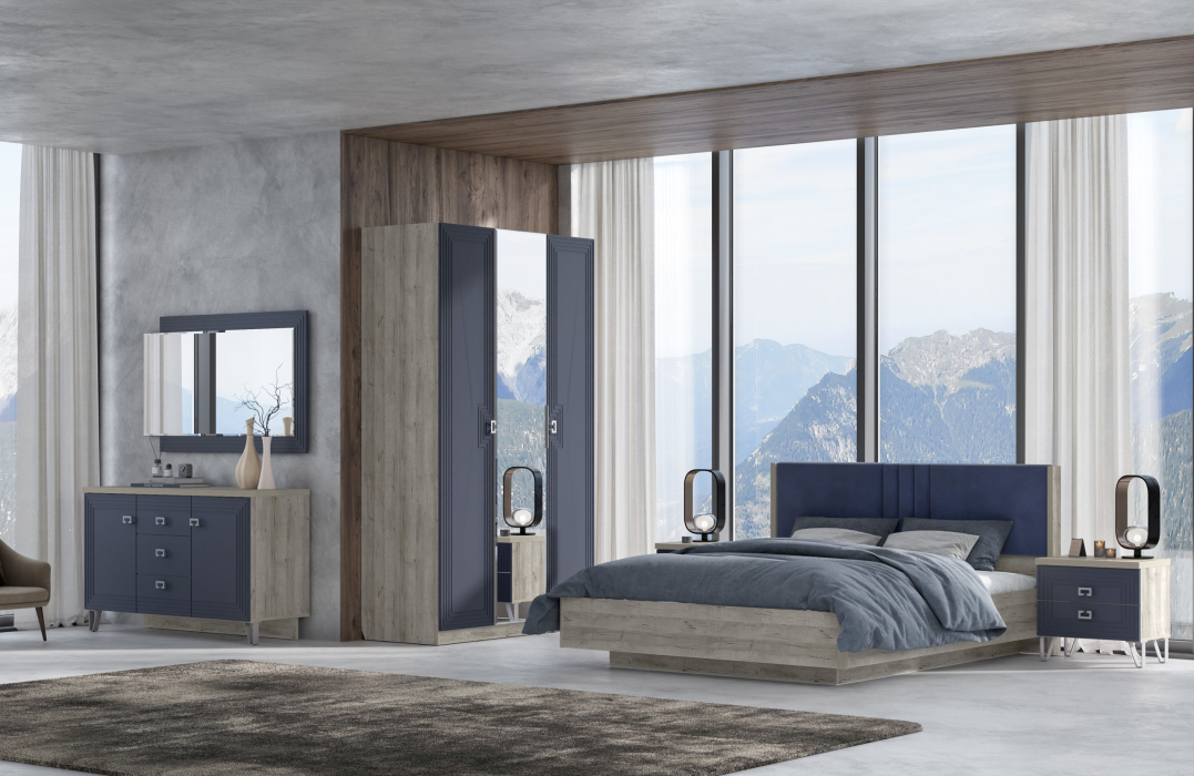 Лежер, дуб серый, холст сапфировый